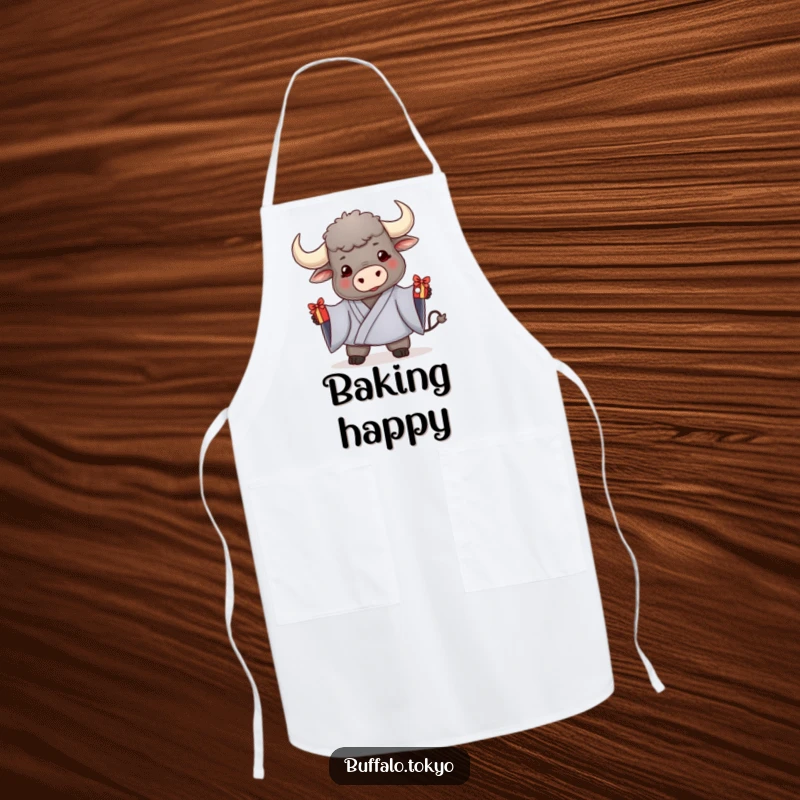 Funny apron showcasing a friendly buffalo in a kimono, offering a decorated gift, perfect for spreading cheer while cooking.