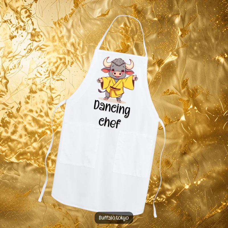 Funny Apron: A cheerful buffalo in a yellow kimono with wide sleeves dancing while ready to cook.
