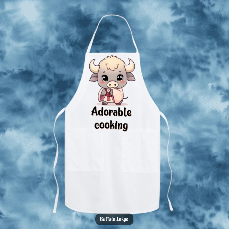 Funny kawaii buffalo apron, showing a cute buffalo with wide eyes holding a delicate kimono sleeve. Perfect for a sweet kitchen.