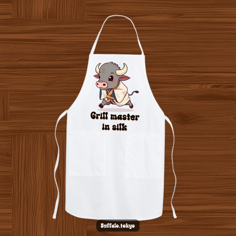 Funny buffalo in a striking kimono, posing mid-stride, adding humor to a kitchen apron.