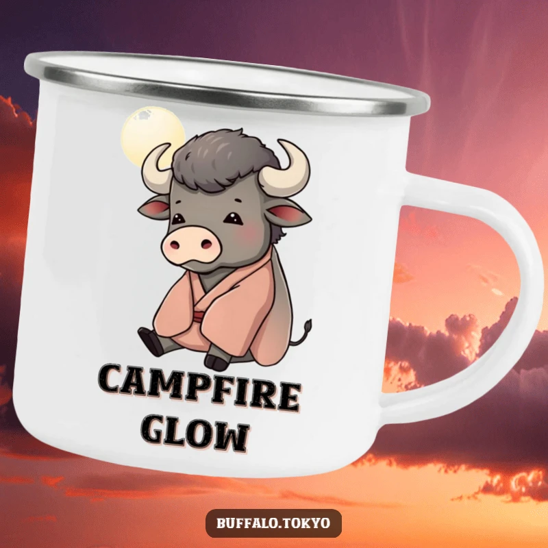 Funny camping mug featuring a contented buffalo in a kimono, gazing at a stylized moon, for serene outdoor enjoyment.
