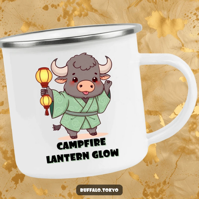 Funny Camping Mug: A chunky buffalo in a green kimono playfully tossing a glowing lantern under the stars.