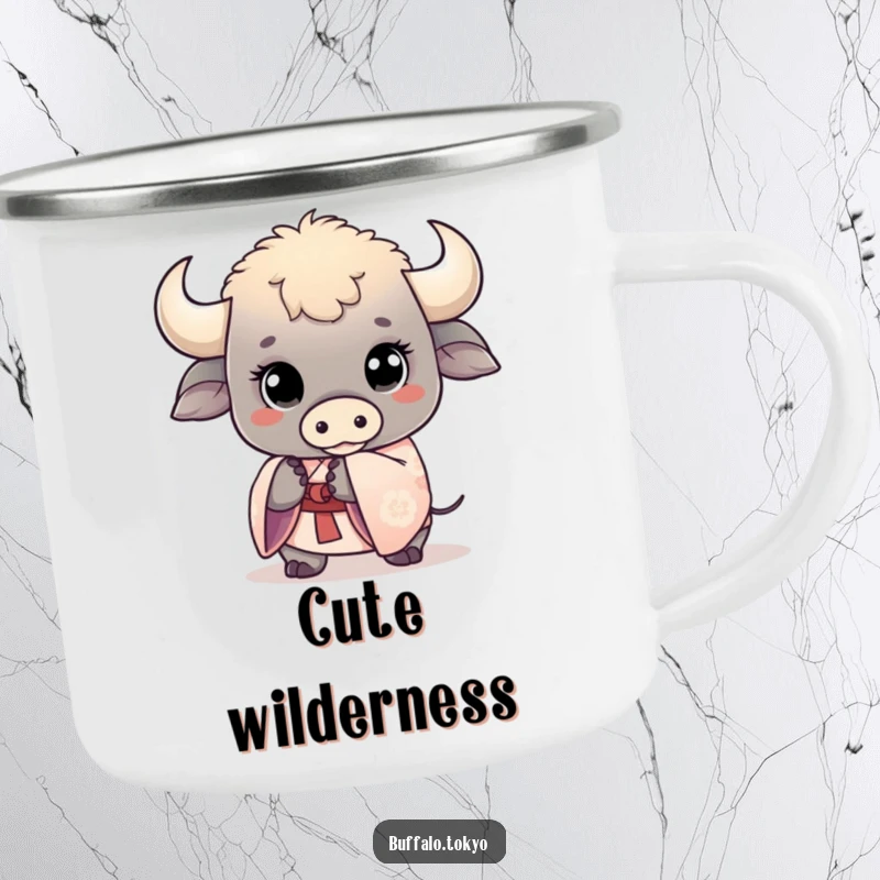 Funny kawaii buffalo camping mug, featuring a cute buffalo with wide eyes holding a kimono sleeve. Durable and utterly adorable.