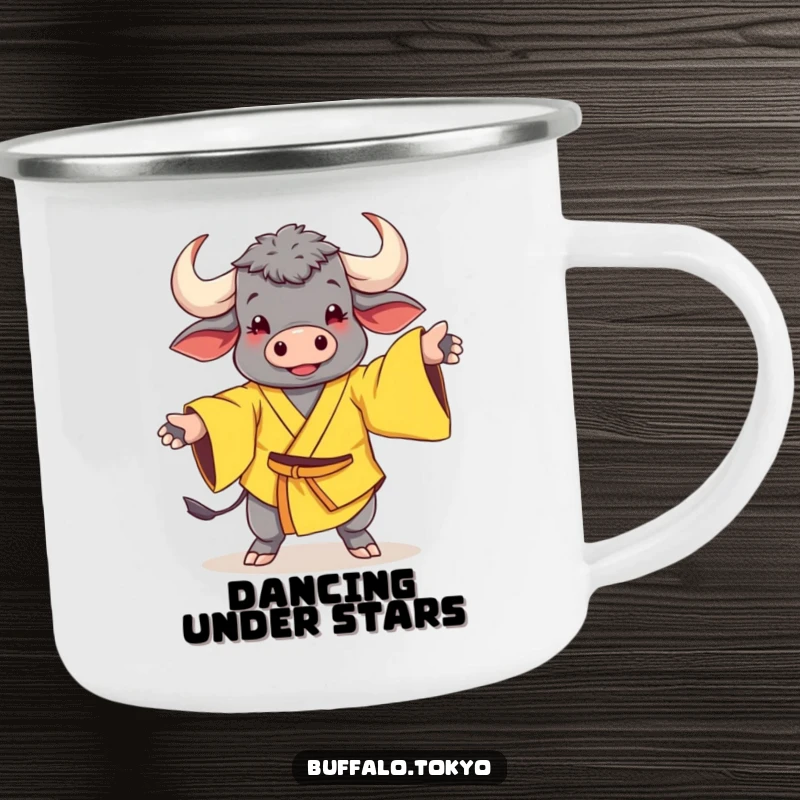 Funny Camping Mug: A cheerful buffalo in a yellow kimono with wide sleeves dancing outdoors.