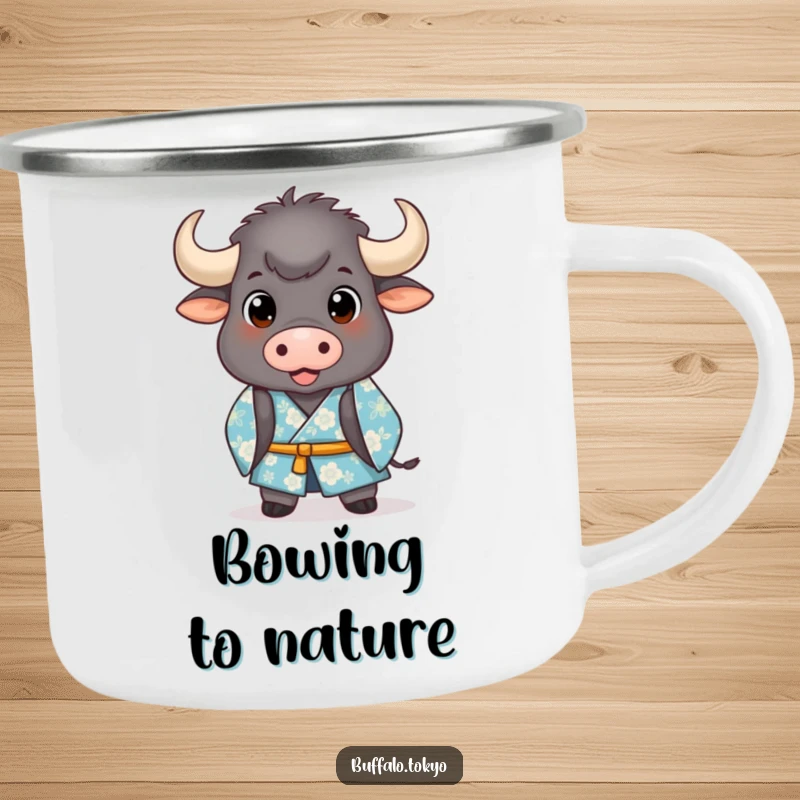 Funny Camping Mug: A stout buffalo in a blue floral kimono bowing with cheerful outdoor spirit.