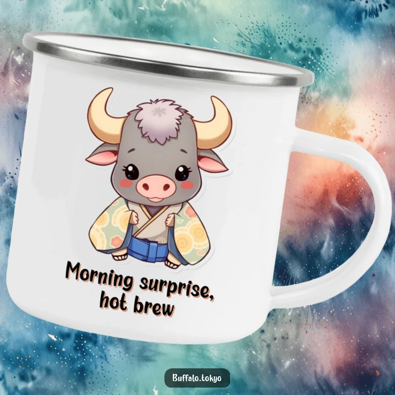 Funny smiling buffalo peeking from behind a patterned kimono on a durable, humorous camping mug.