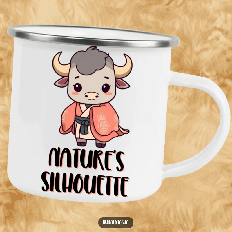 Funny buffalo silhouette camping mug with an ornate kimono design. Durable, elegant, and perfect for outdoor appreciation.