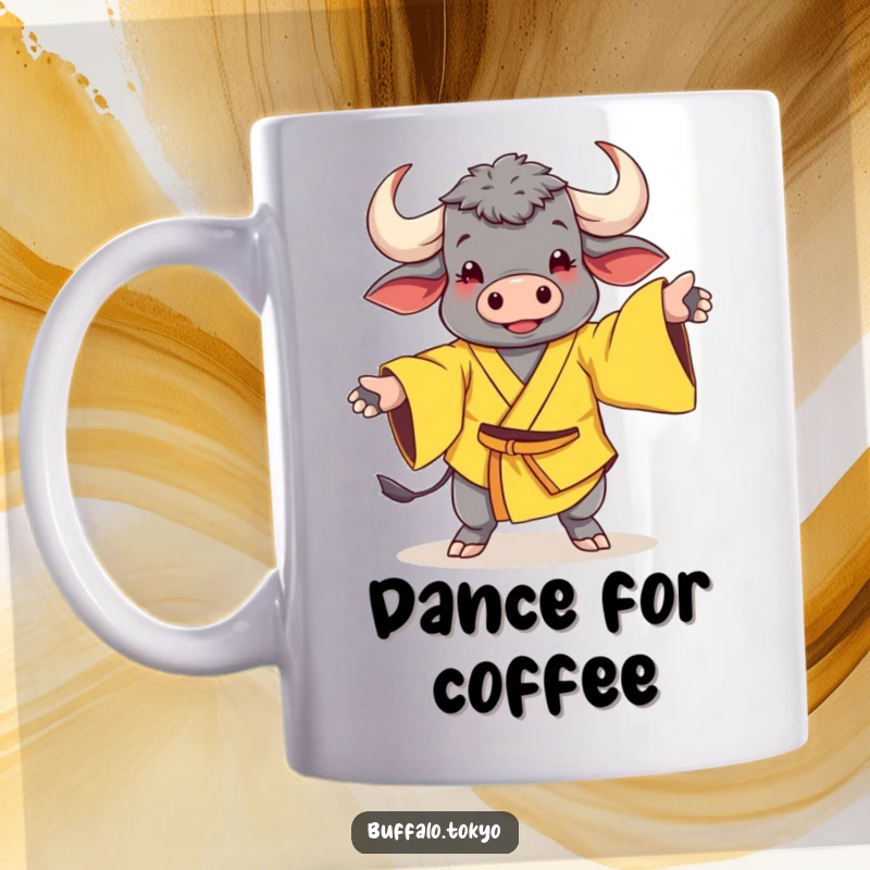 Funny Mug: A cheerful buffalo wearing a yellow kimono with wide sleeves striking a whimsical and energetic dance pose.