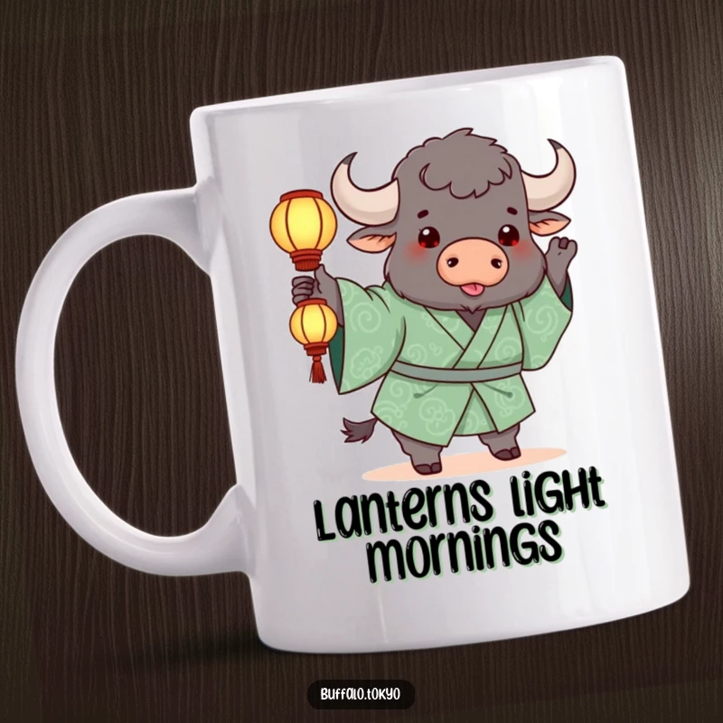 Funny Mug: A chunky buffalo in a green patterned kimono playfully tossing a small, glowing lantern with glee.