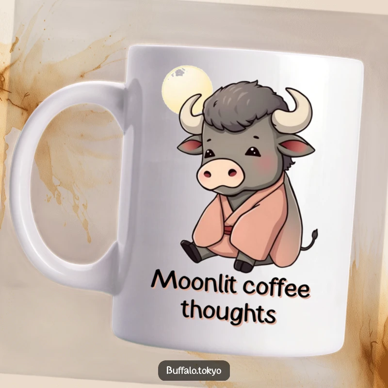 Funny mug featuring a contented buffalo in a kimono, peacefully gazing at a stylized moon, embodying tranquility and quiet joy.