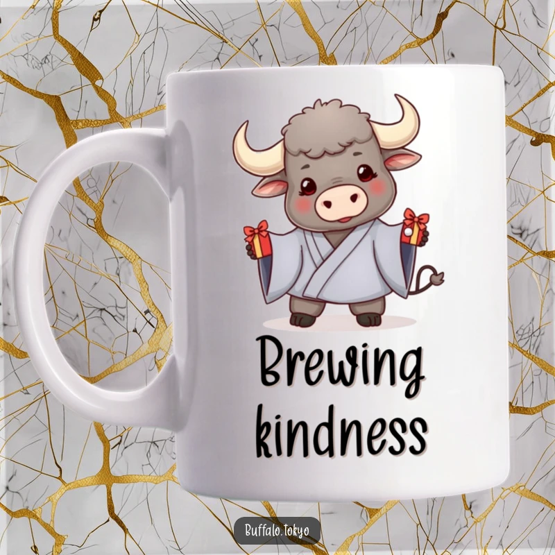Funny mug featuring a friendly buffalo in a kimono, offering a small, decorated gift, symbolizing generosity and thoughtful giving.