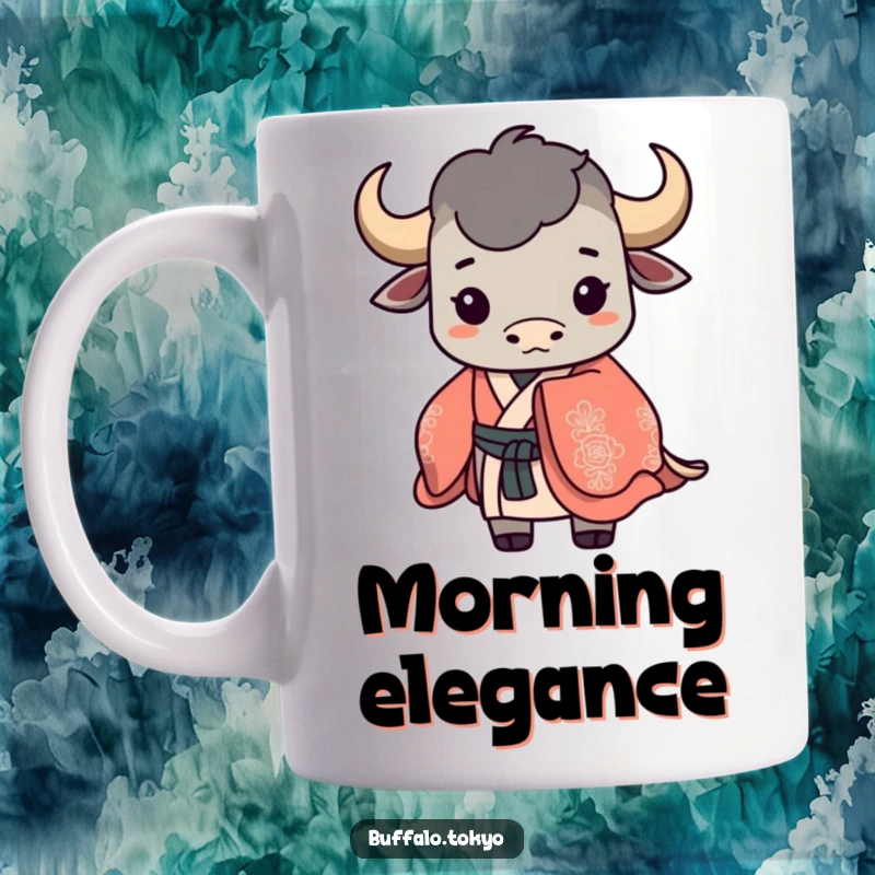 Funny buffalo silhouette mug featuring a flowing, ornate kimono design. Elegant and stylish, perfect for lovers of Japanese art.