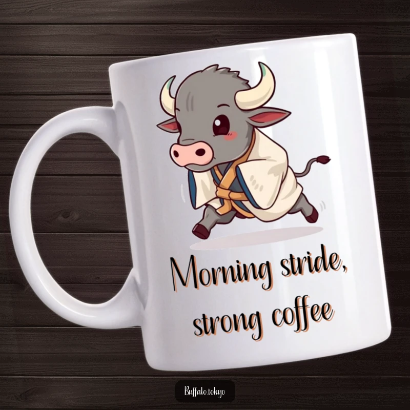 Funny buffalo in a striking kimono striking a powerful pose, mid-stride, exuding confidence and humor on a mug.