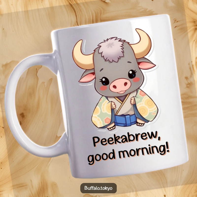 Funny smiling buffalo character peeking playfully from behind a large, intricate patterned kimono on a mug.