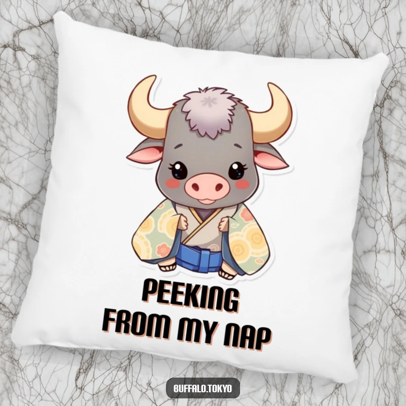 Funny smiling buffalo peeking from behind a patterned kimono, creating a humorous and soft pillow.