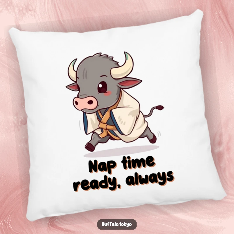 Funny buffalo in a stylish kimono mid-stride, creating a humorous and cozy accent pillow.