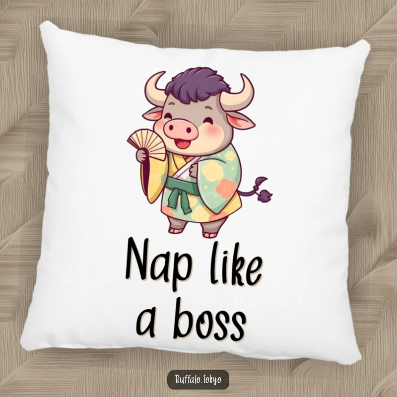Funny buffalo kimono pillow featuring a plump buffalo in a colorful kimono, playfully tossing a fan. Adds charm and comfort.