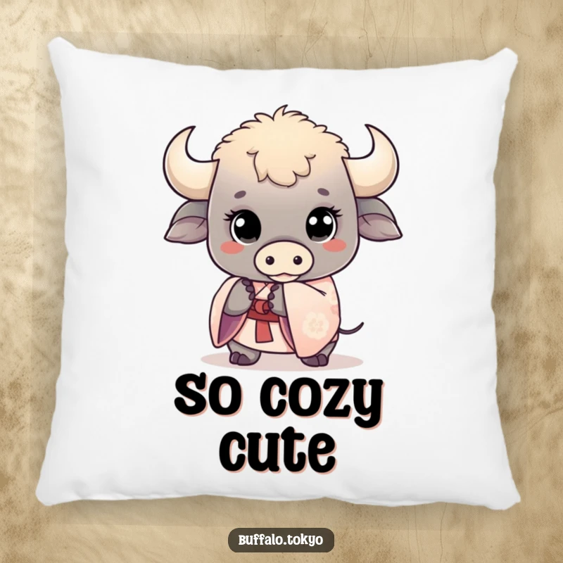 Funny kawaii buffalo pillow featuring a cute buffalo with wide eyes holding a delicate kimono sleeve. Adds cuddly charm.