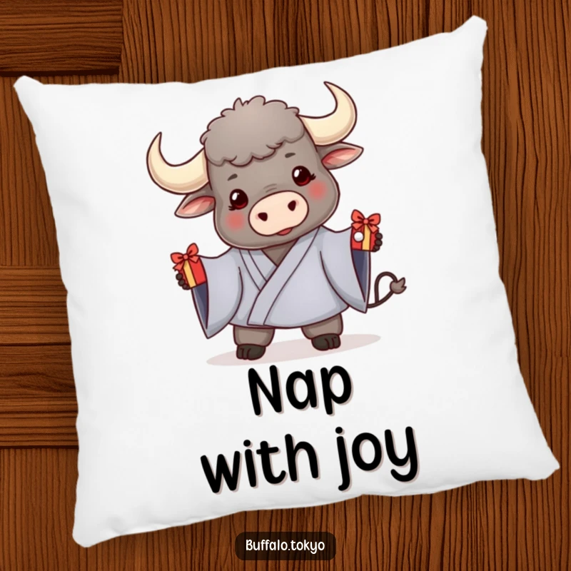 Funny pillow featuring a friendly buffalo in a kimono, offering a decorated gift, providing comfort and a symbol of giving.