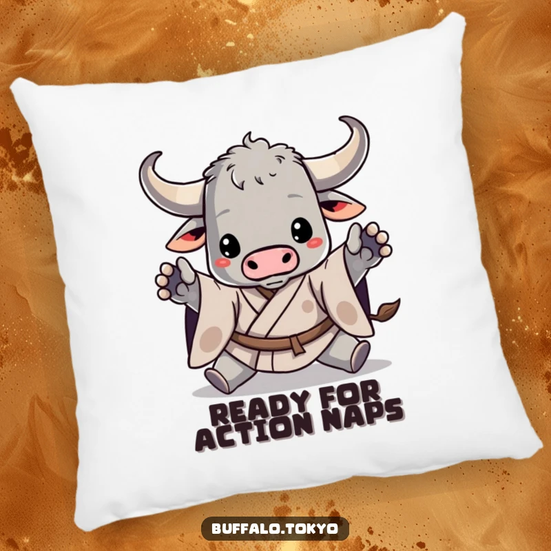 Funny pillow featuring a stylized buffalo in a dynamic kimono pose, offering comfort with a side of warrior-style humor.