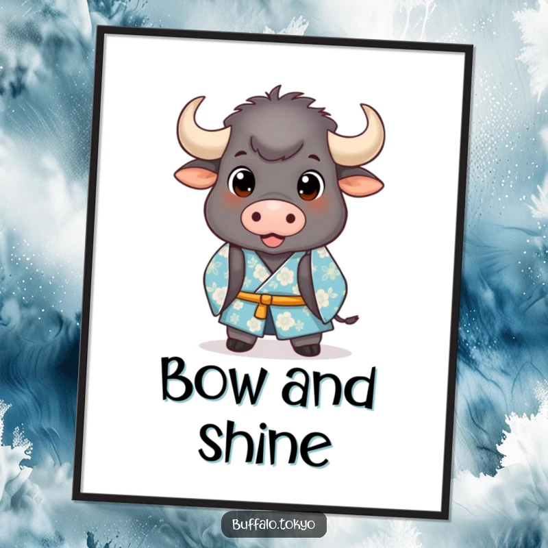 Funny Digital Art: A stout buffalo in a blue floral kimono bowing with dignified and comical charm.