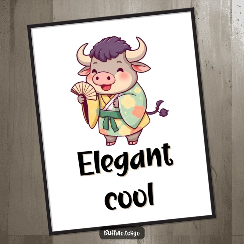 Funny buffalo kimono digital art print, showing a plump buffalo in a colorful kimono playfully tossing a fan.