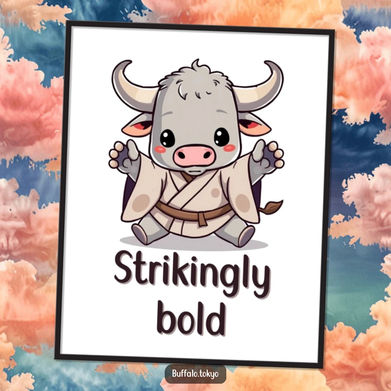 Funny digital art print of a stylized buffalo in a dynamic kimono pose, ideal for instant download and humorous digital display.