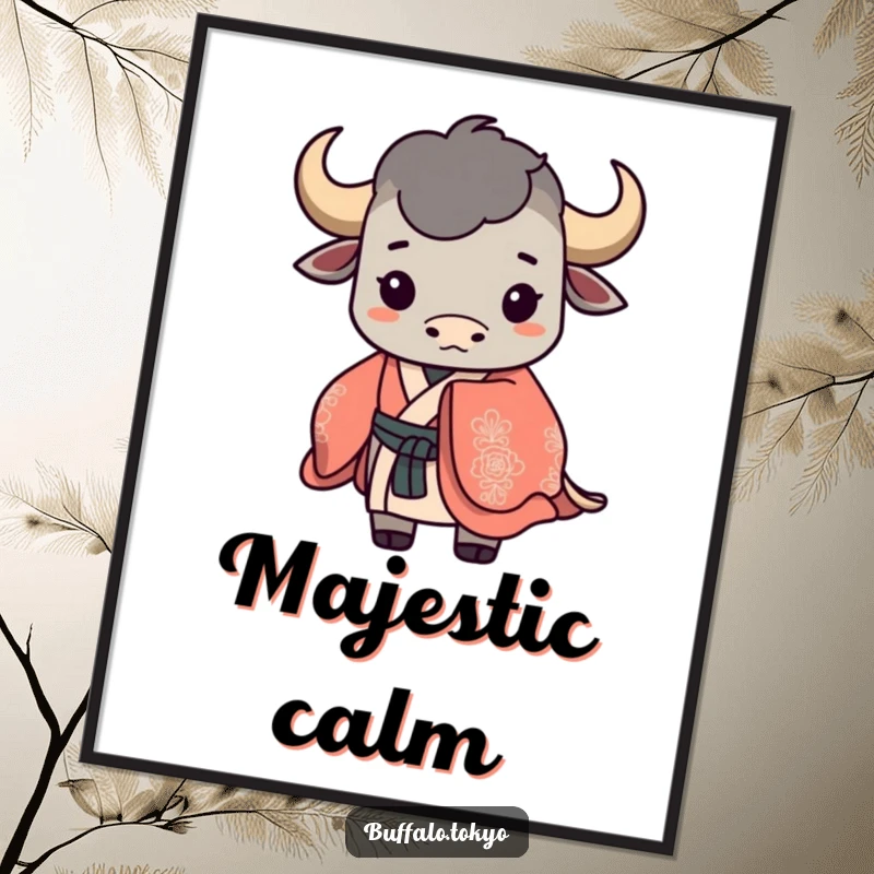 Funny buffalo silhouette digital art print, depicting a stylized buffalo wearing a flowing, ornate kimono.