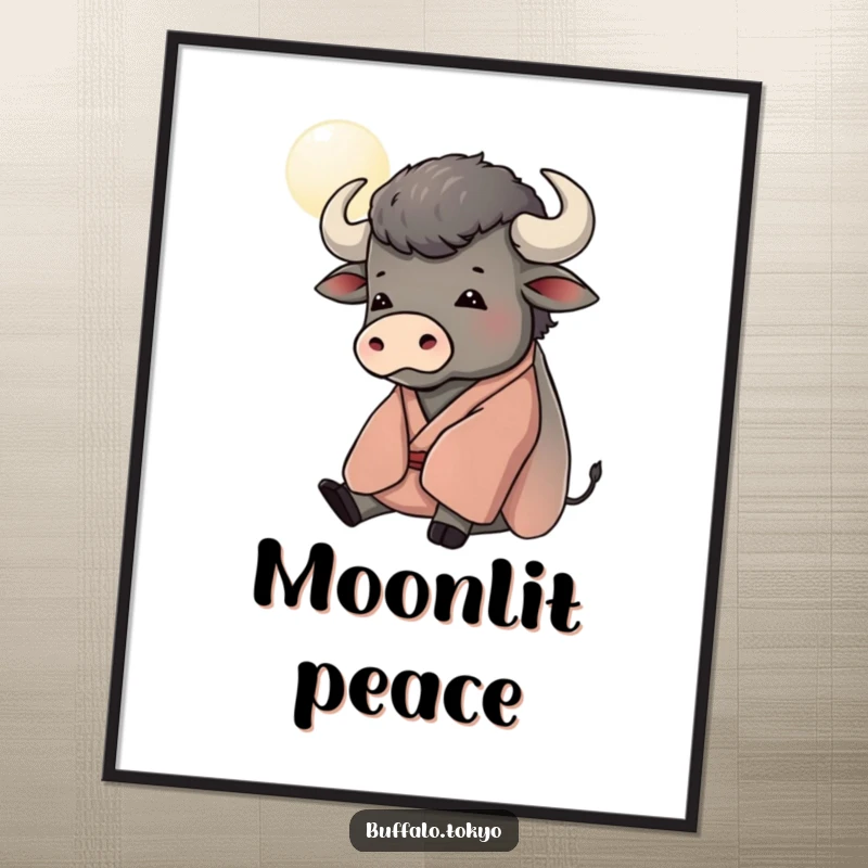 Funny digital art print of a contented buffalo in a kimono, gazing at a stylized moon, for instant serene decor.
