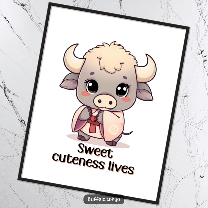 Funny kawaii buffalo digital art print, depicting a cute buffalo with wide eyes holding a delicate kimono sleeve.