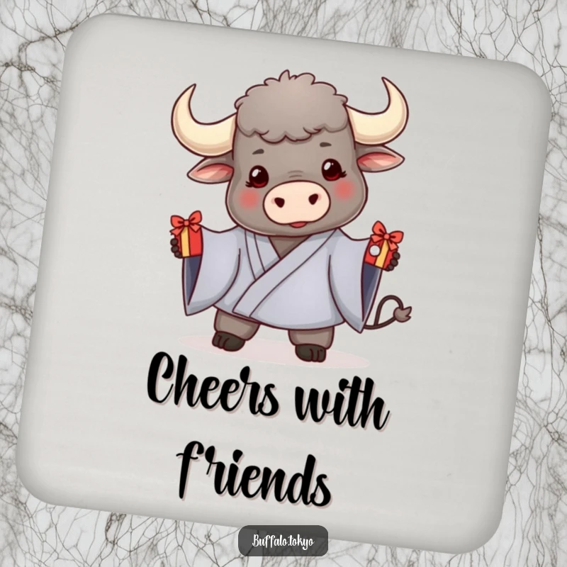 Funny drink coaster featuring a friendly buffalo in a kimono, offering a decorated gift, symbolizing thoughtful hospitality.