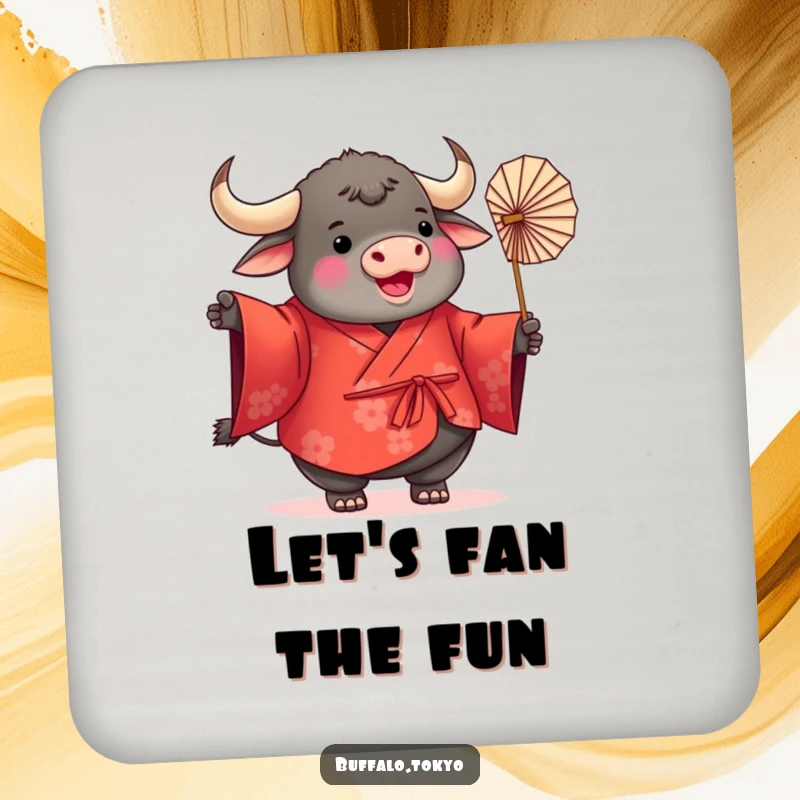 Funny Buffalo Kimono Coasters featuring a plump, round buffalo wearing a vibrant red kimono and twirling a delicate paper fan, perfect for protecting surfaces.