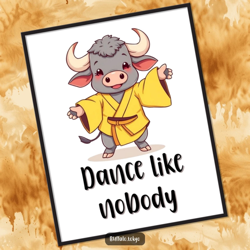 Funny Poster: A cheerful buffalo in a yellow kimono with wide sleeves performing a whimsical and energetic dance.