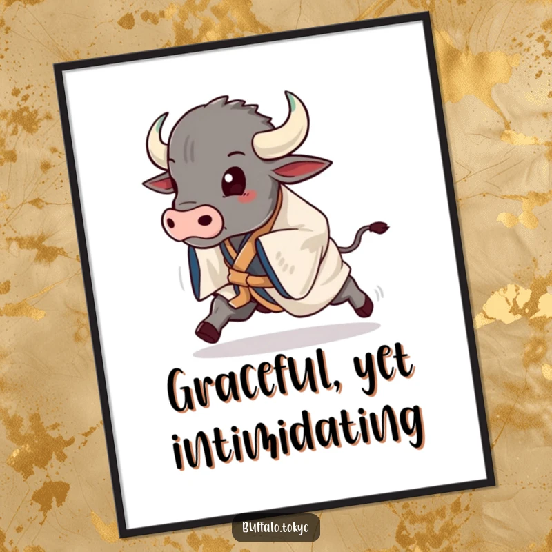 Funny buffalo striking a dynamic pose in a beautiful kimono, mid-stride, as eye-catching wall art.