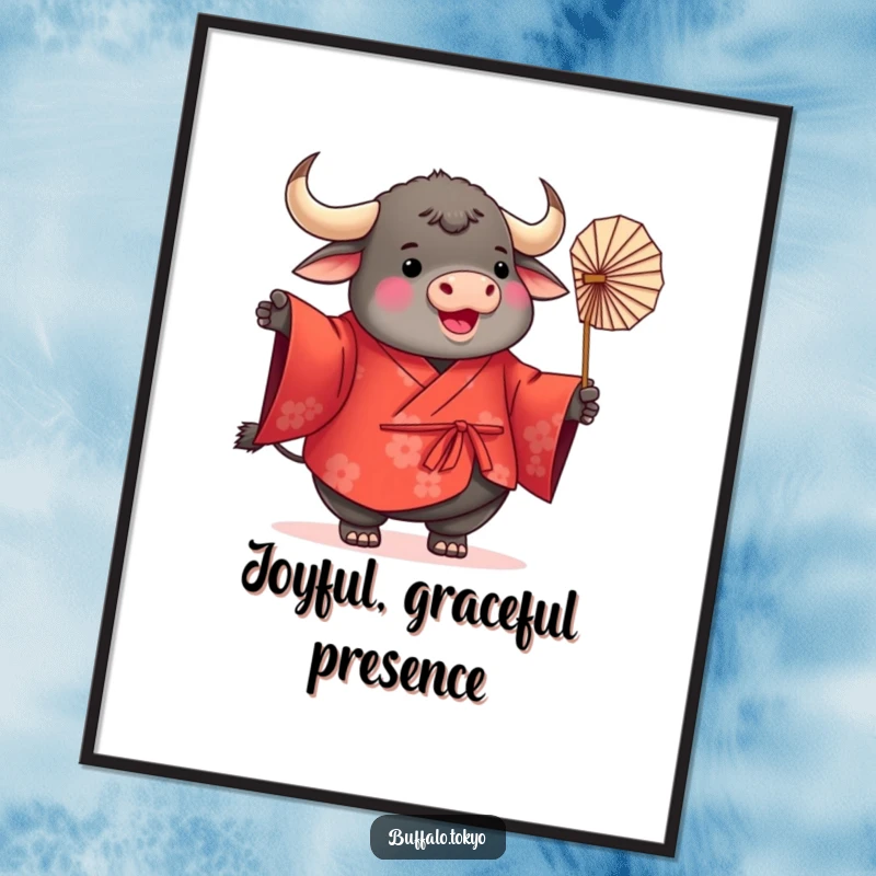 Funny Buffalo Kimono Poster featuring a plump, round buffalo dressed in a vibrant red kimono, joyfully twirling a delicate paper fan, perfect for cheerful decor.
