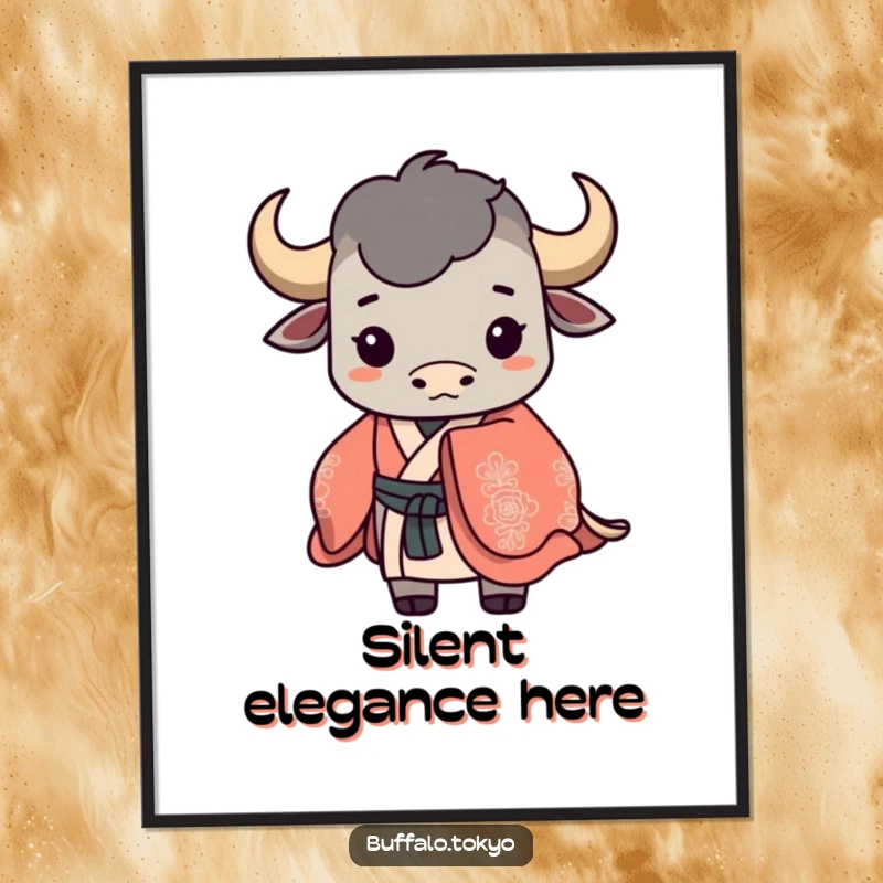 Funny buffalo silhouette poster featuring a stylized buffalo wearing a flowing, ornate kimono. Elegant and artistic wall decor.