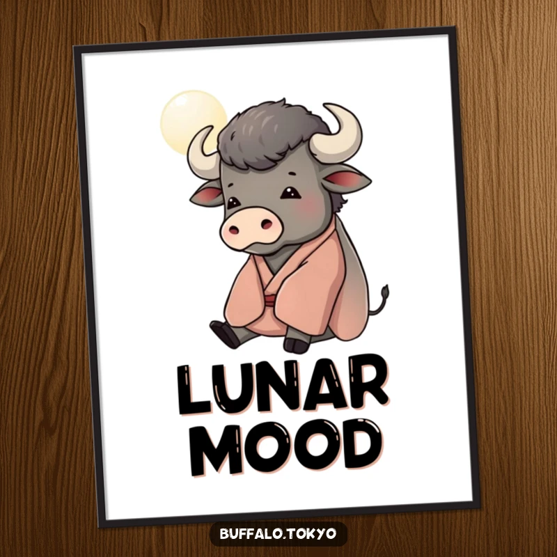 Funny poster of a contented buffalo in a kimono, gazing at a stylized moon, creating a serene and humorous wall art piece.