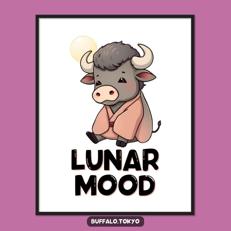 Funny Contemplative Buffalo Moon Poster - Serene Kimono Art, Peaceful Decor Gift
