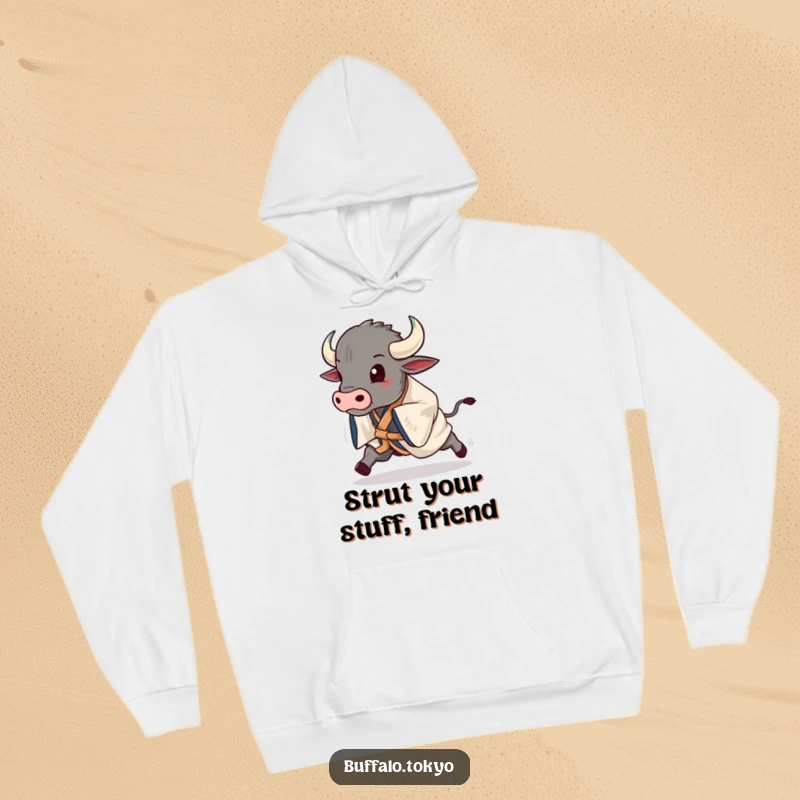 Funny buffalo wearing a striking kimono, captured mid-stride, offering a humorous and cozy hoodie experience.