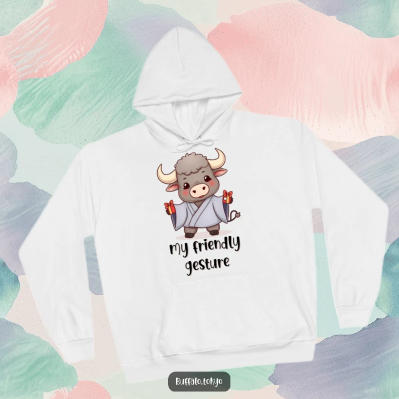 Funny hoodie featuring a friendly buffalo in a kimono, offering a decorated gift, combining warmth with a gesture of kindness.