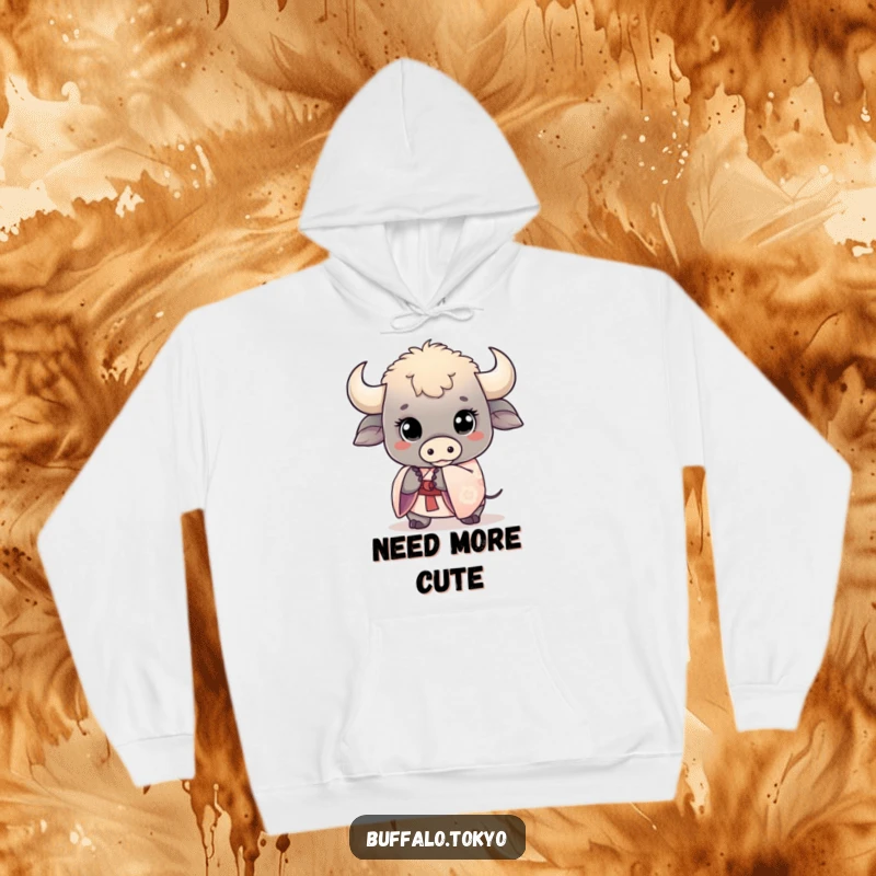 Funny kawaii buffalo hoodie, featuring a cute buffalo with big eyes holding a kimono sleeve. Soft, sweet, and cozy.