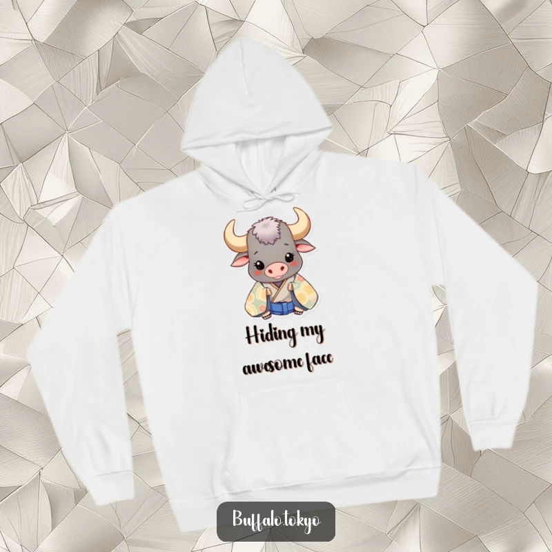 Funny buffalo character peeking from behind a patterned kimono, offering a humorous and cozy hoodie.