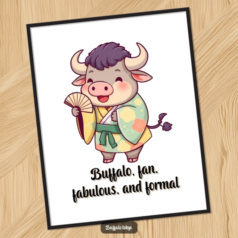 Funny Free Printable Wall Art of a plump buffalo in a colorful kimono playfully tossing a fan, adding whimsy and character to any room.