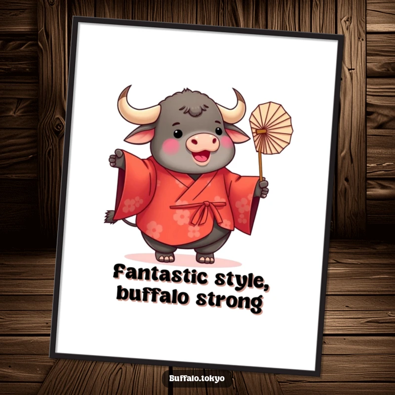 Funny Free Printable Wall Art depicting a plump, round buffalo in a vibrant red kimono, joyfully twirling a paper fan.