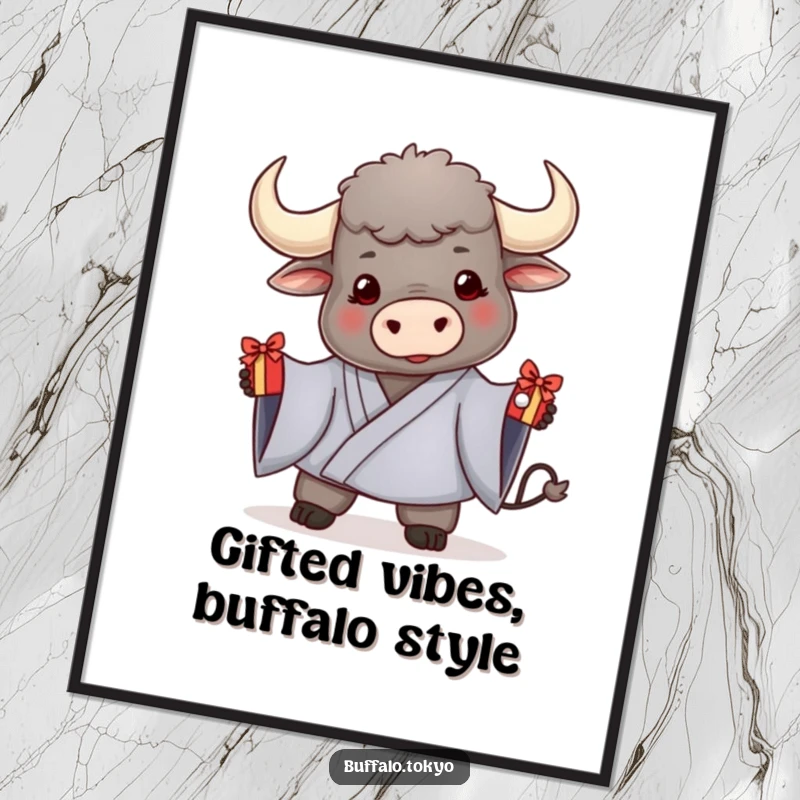 Funny Free Printable Wall Art: Friendly Buffalo in Kimono Offering a Small Decorated Gift Box, Ideal for a Welcoming Vibe!