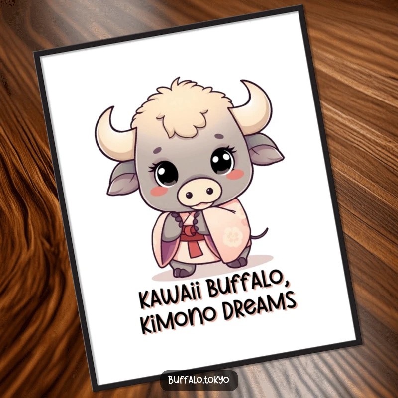 Funny Free Printable Wall Art of a kawaii buffalo with wide eyes, holding a delicate kimono sleeve, bringing maximum adorableness and charm.