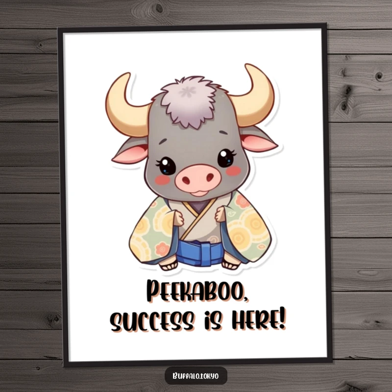 Funny Free Printable Wall Art: A smiling buffalo character playfully peeking out from behind a large, intricately patterned kimono.