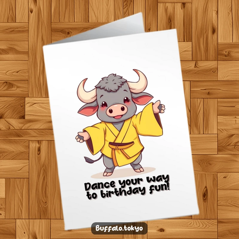 Funny Free Printable Birthday Card: a cheerful buffalo in a yellow kimono strikes a whimsical dance pose.
