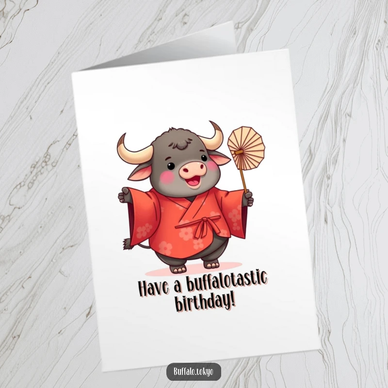 Funny Free Printable Birthday Card featuring a plump, round buffalo in a red kimono joyfully twirling a paper fan.