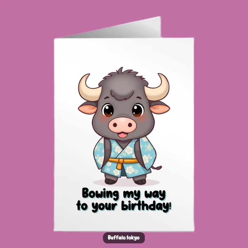 Free Printable Birthday Card: Funny Bowing Buffalo in Blue Kimono - Downloadable Gift